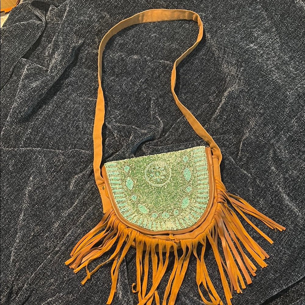 Beaded Crossbody Bag with Fringe